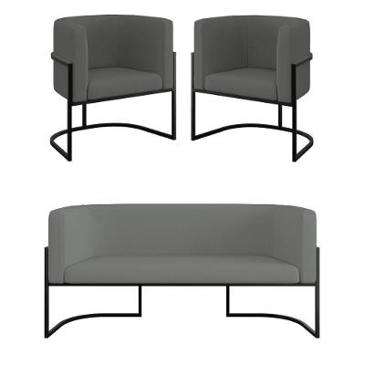 Kit 2 Poltronas + Sofá 2 Lugares Base De Metal Black Veludo Cinza