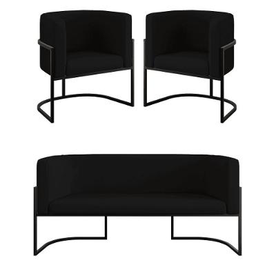 Kit 2 Poltronas + Sofá 2 Lugares Base De Metal Black Veludo Preto