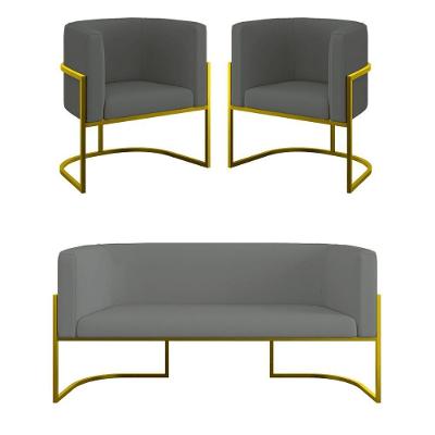 Kit 2 Poltronas + Sofá 2 Lugares Base De Metal Gold Veludo Cinza