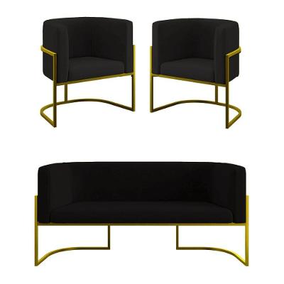 Kit 2 Poltronas + Sofá 2 Lugares Base De Metal Gold Balaqui Preto