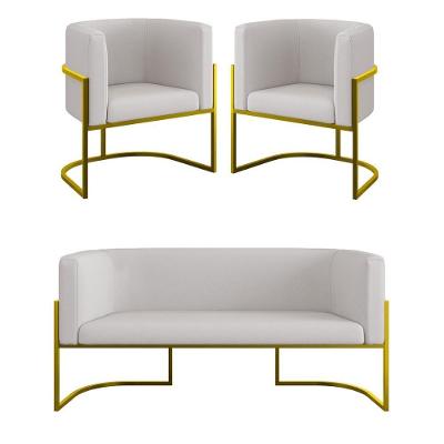 Kit 2 Poltronas + Sofá 2 Lugares Base De Metal Gold Veludo Bege