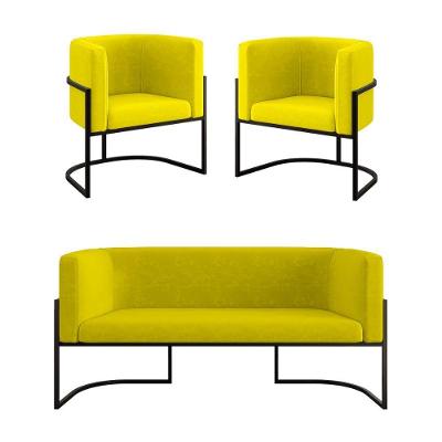 Kit 2 Poltronas + Sofá 2 Lugares Base De Metal Black Balaqui Amarelo