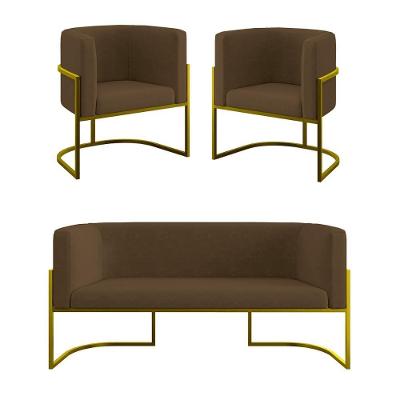 Kit 2 Poltronas + Sofá 2 Lugares Base De Metal Gold Balaqui Marrom