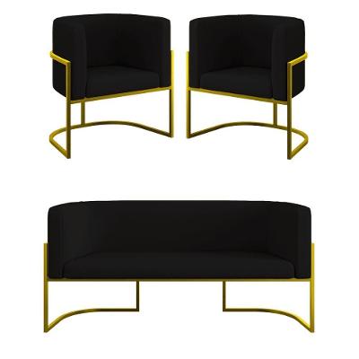 Kit 2 Poltronas + Sofá 2 Lugares Base De Metal Gold Veludo Preto