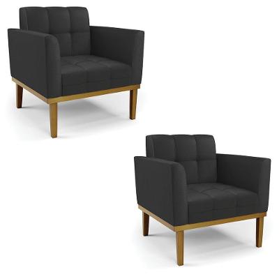 Kit 2 Poltronas Decorativas Pés Fixo Em Madeira Castanho Pu Preto