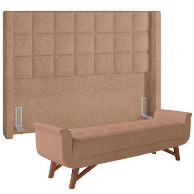 Kit Cabeceira Cama Box Paris 160 Cm Com Puff Recamier Itália P05 Bouclê Bege Lyam Decor