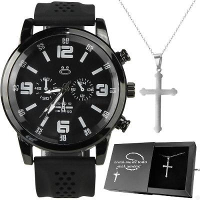 Relogio Masculino Preto Aço + Cordao Crucifixo Ajustavel Black Piano Qualidade Premium Social Prata