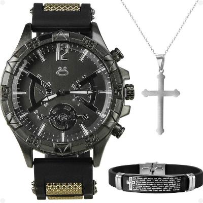Relogio Masculino Aço Preto + Colar Crucifixo Robusto Religioso Oração Pai Nosso Prata Ajustavel