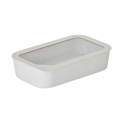 Pote Retangular De Cerâmica - Tampa De Vidro - 1500ml - Fika One - Cor Branco