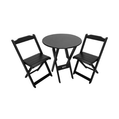 Conjunto Dobrável Mesa De Madeira 70cm Redonda Com 2 Cadeiras Preta - Cor: Preto