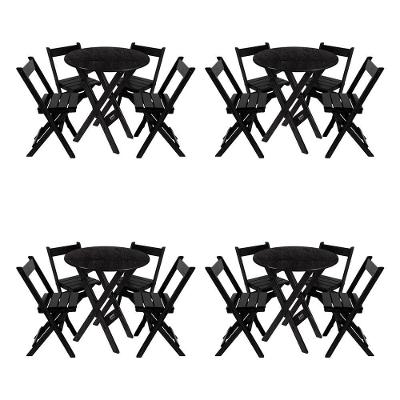 Kit 4 Conjuntos Mesa Redondo 70cm Dobrável Com 4 Cadeiras Em Madeira Maciça - Preto - Preto