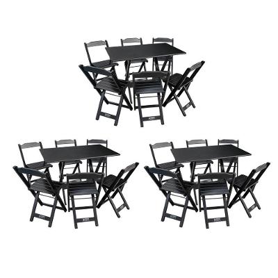 Kit 3 Conjuntos De Mesa Dobráveis De Madeira 70x110cm Com 6 Cadeiras Preta - Cor: Preto