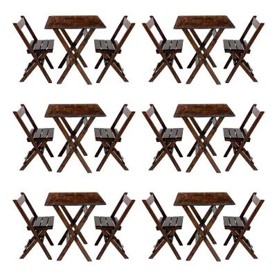 Kit 6 Conjuntos Mesa Dobrável Para Bar E Restaurante 60x60cm Com 2 Cadeiras Em Madeira Maciça - Imbu - Marrom