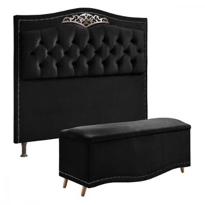 Conj. Cabeceira E Calçadeira Holanda 1,60 Queen Veludo Preto Preto