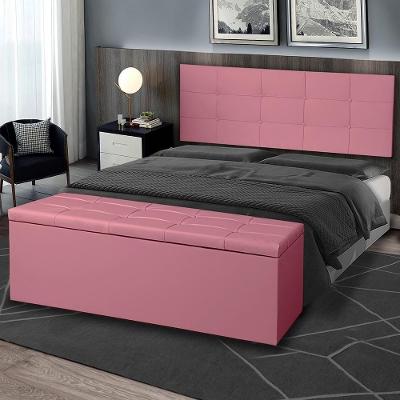 Kit Cabeceira Painel E Calçadeira Baú Queen 1,60m Roma Suede Rosa Sky Mobile