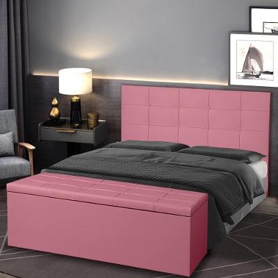 Kit Cabeceira E Calçadeira Baú Solteiro 0,90m Roma Suede Rosa Sky Mobile