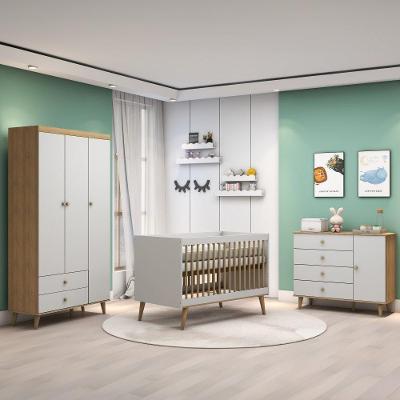 Quarto De Bebê Completo Berço 3 Em 1 Cômoda Com Porta Fraldário Infantil Guarda Roupas 3 Portas Brano Off White Carolina Baby