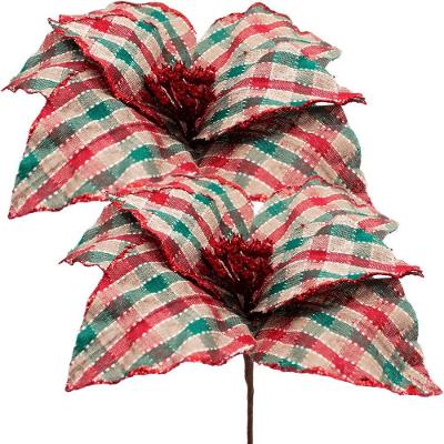 Kit 8 Flores Artificiais Xadrez Gliter Artesanal Natal 30cm