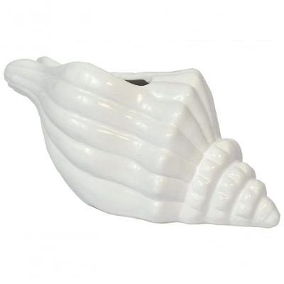 Vaso Decorativo Flores Cerâmica Branco Concha Espiral Oceano