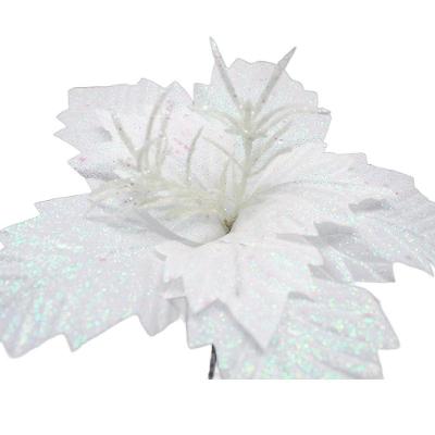 Kit 12 Flores Artificial Gliter Enfeite Branco Natalino 25cm