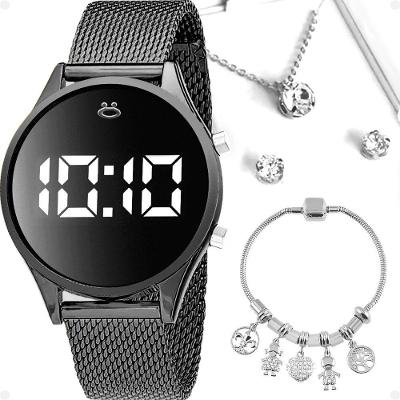 Relogio Feminino Preto Digital Aço + Colar + Brincos + Caixa Pulseira Ajustavel Black Piano Academia