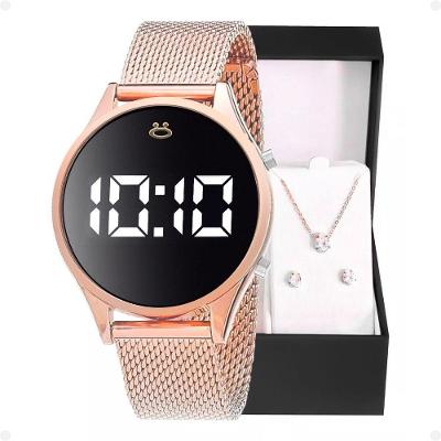 Relogio Feminino Digital Led Aço + Colar + Caixa + Brincos Silicone Presente Academia Casual Moda
