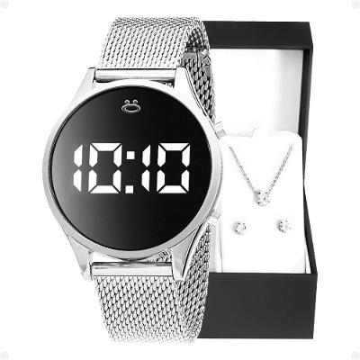 Relogio Feminino Digital Aço Inox + Caixa + Brincos Academia Casual Original Pulseira Ajustavel Led