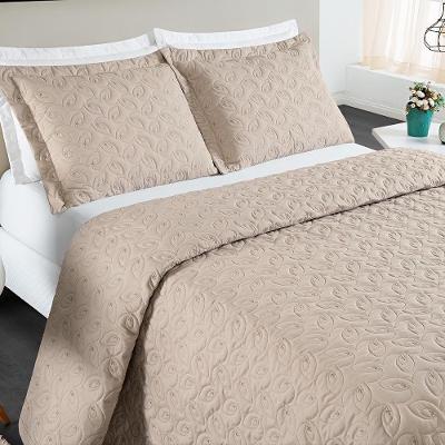 Kit Cobre Leito Colcha Tendência Queen 3 Peças Micropercal 200 Fios Bordado Premium - Cáqui