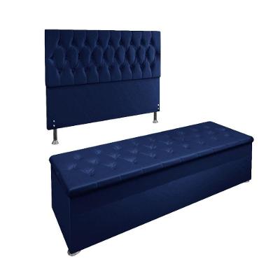 Kit Cabeceira Calçadeira Baú King 1,95cm Azul Marinho