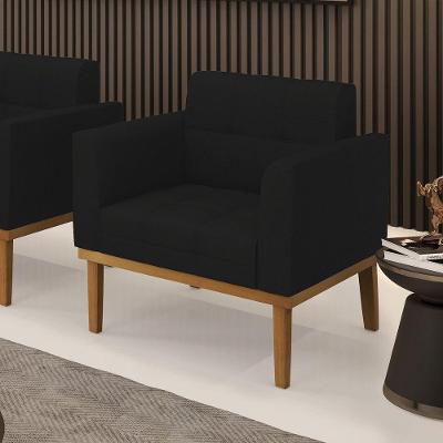 Poltrona Decorativa Pés Fixo Em Madeira Castanho Linho Preto