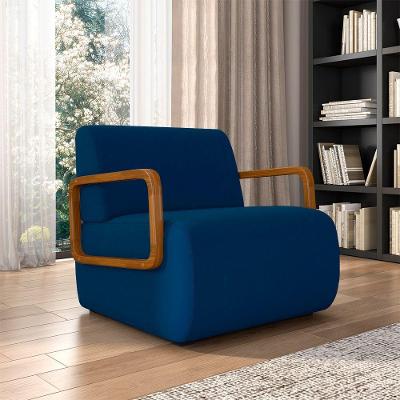 Poltrona Decorativa Sala De Estar Odessa Braços Em Madeira Veludo Azul G33