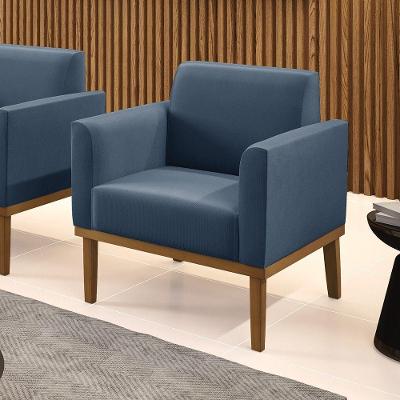 Poltrona Decorativa Pés Fixo Em Madeira Castanho Suede Azul Marinho