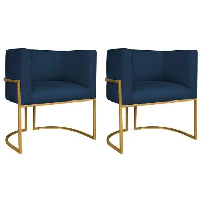 Kit 02 Poltronas Decorativas Luna Base De Ferro Dourado Suede Azul Marinho