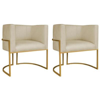 Kit 02 Poltronas Decorativas Luna Base De Ferro Dourado Suede Bege