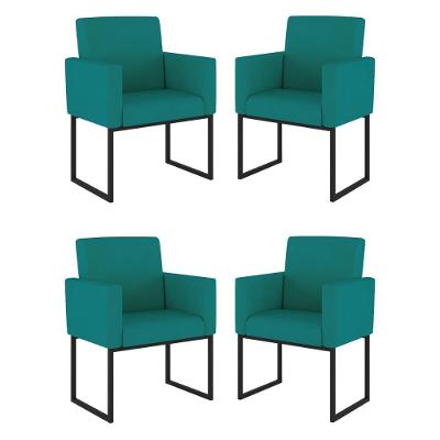 Kit 04 Cadeiras Poltrona Decorativa Para Sala Quarto Preto Cor: Azul Turquesa