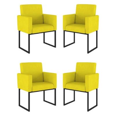 Kit 04 Cadeiras Poltrona Decorativa Para Sala Quarto Preto Cor: Amarelo