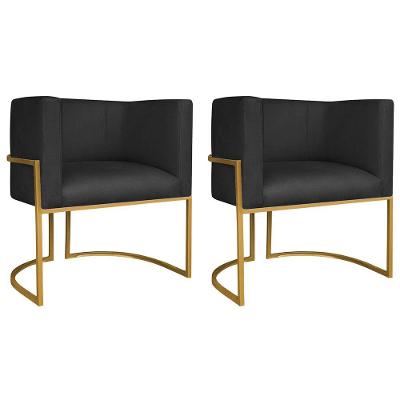 Kit 02 Poltronas Decorativas Luna Base De Ferro Dourado Suede Preto