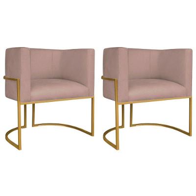 Kit 02 Poltronas Decorativas Luna Base De Ferro Dourado Linho Rosê