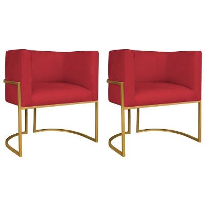Kit 02 Poltronas Decorativas Luna Base De Ferro Dourado Suede Vermelho