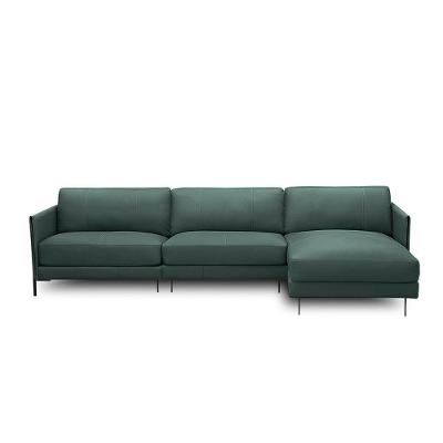Sofá Decorativo Karine 5 Lugares Sala De Estar 330cm Com Chaise Pés Em Aço Couro Verde Musgo