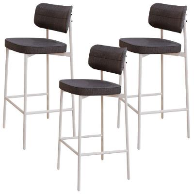 Kit 03 Banquetas Alta Bar Cozinha Sala De Jantar Aço Branco Kaira C01 Linho Preto - Lyam Decor