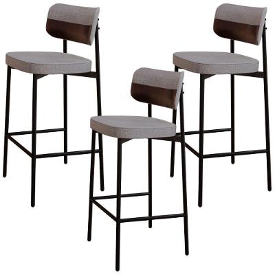 Kit 03 Banquetas Alta Bar Cozinha Sala De Jantar Aço Preto Kaira C01 Linho Cinza Courino Café - Lyam Decor