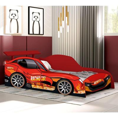 Cama Carro Solteiro Racing Car Relampago Com Proteção Lateral MDF Vermelho