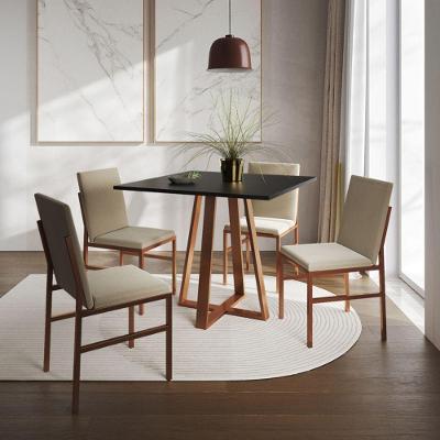 Conjunto De Jantar Mesa Mônaco 90cm Tampo Preto Com 4 Cadeiras Bege Base Cobre Preto