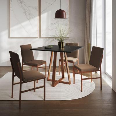 Conjunto De Jantar Mesa Mônaco 90cm Tampo Preto Com 4 Cadeiras Marrom Base Cobre Preto