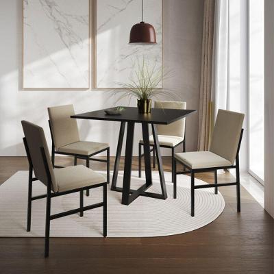 Conjunto De Jantar Mesa Mônaco 90cm Tampo Preto Com 4 Cadeiras Estofadas Bege Preto