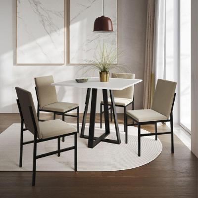 Conjunto De Jantar Mesa Mônaco 90cm Tampo Branco Com 4 Cadeiras Estofadas Bege Preto
