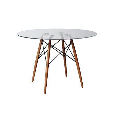 Mesa De Jantar Vidro Eames Eiffel Redonda 110cm Base Madeira Maciça Marrom