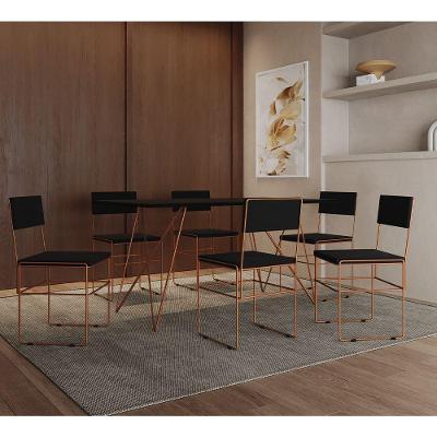 Mesa Jantar Retangular Industrial Trama 1,50x0,90m Preta Com 6 Cadeiras Estofadas Pretas E Cobre Vit Preto