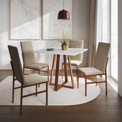 Conjunto De Jantar Mesa Mônaco Premium 90cm Branca Com 4 Cadeiras Estofadas Bege Base Cobre Preto